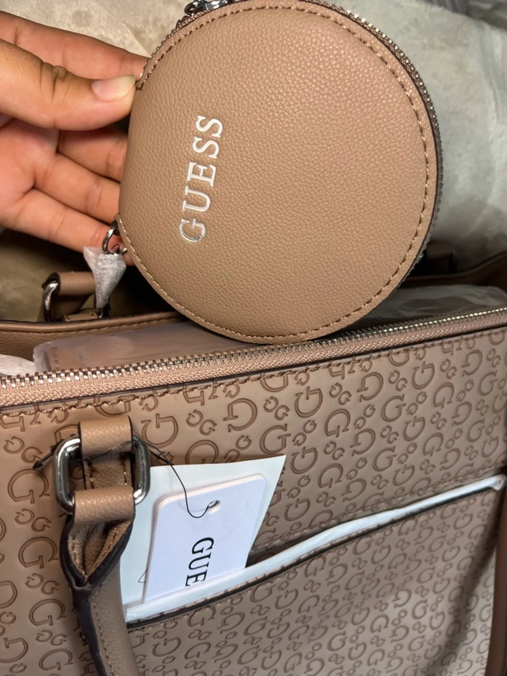 GUESS Blush Taupe Logo-Print Satchel with Round Coin Pouch